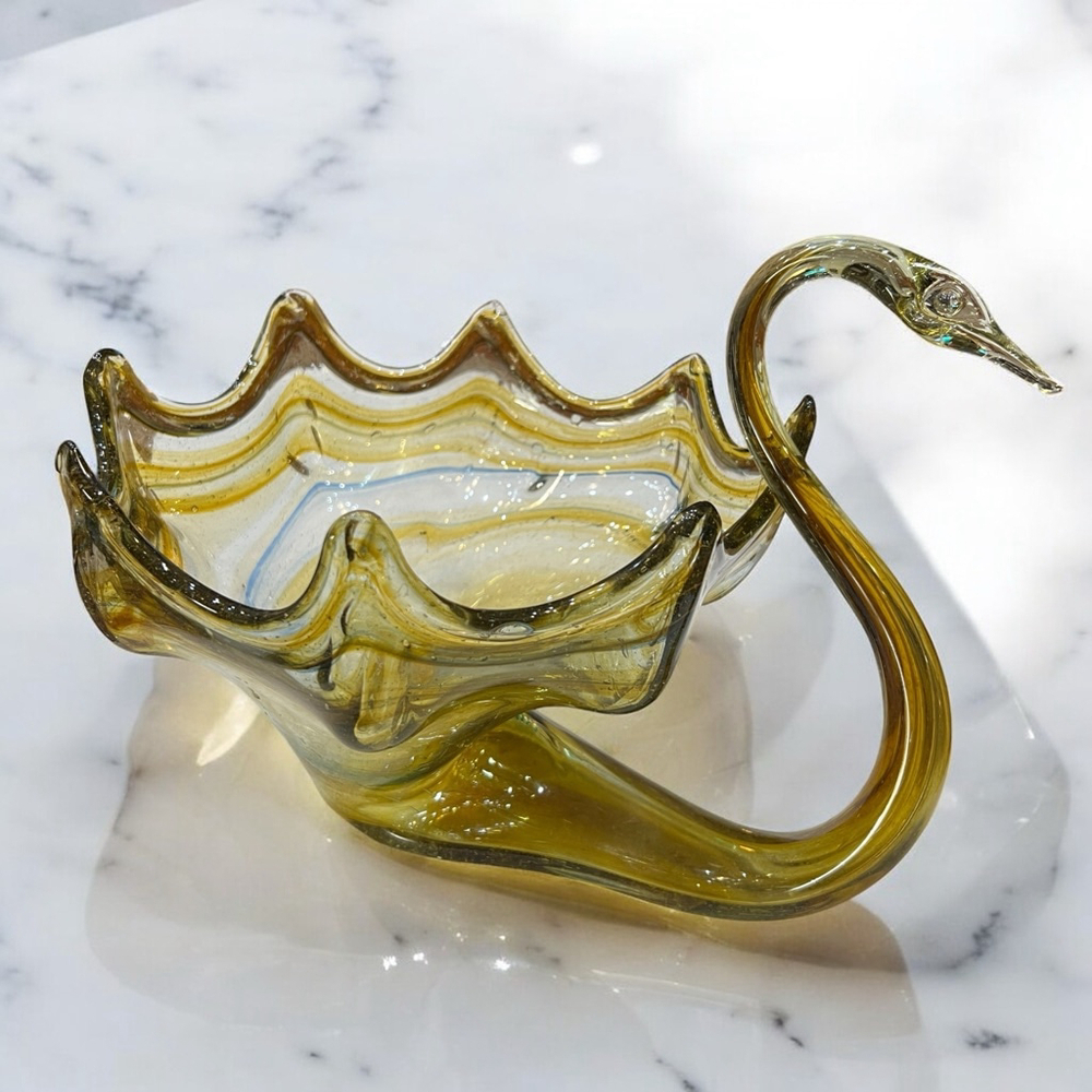 Vintage Sooner Art Glass Swan Bowl Amber Clear Ruffled Edge Mid Century Decor
